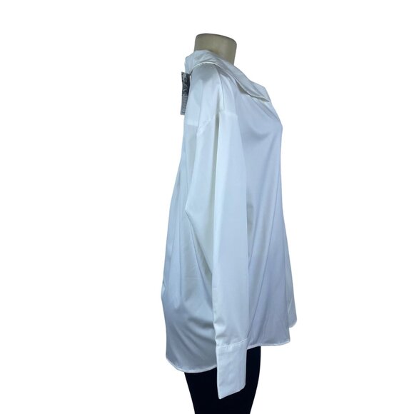 Prettywear Women White Satin Long Sleeve Collar Shirt Elegant Classic Sz L - New - Picture 2 of 8